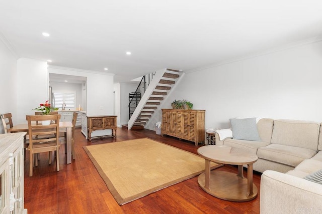 1833 Stonebrook Ln, Encinitas, CA 92024 - living room with stairs, ornamental molding, dark wood-style flooring, and recessed lighting