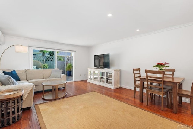1833 Stonebrook Ln, Encinitas, CA 92024 - living room featuring wood finished floors, ornamental molding, recessed lighting, and an AC wall unit