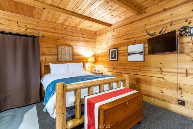 42179 High Point Ct, Ahwahnee, CA 93601 - carpeted bedroom featuring a wooden ceiling with exposed beams and wooden walls