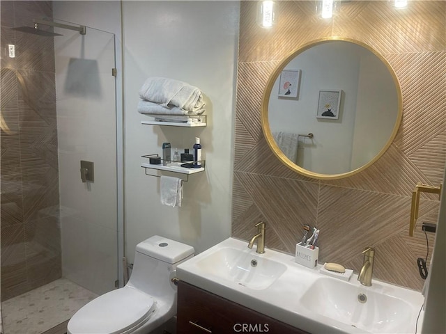 1192 Mitchell Unit 7, Tustin, CA 92780 - bathroom with tiled shower, double vanity, and decorative backsplash