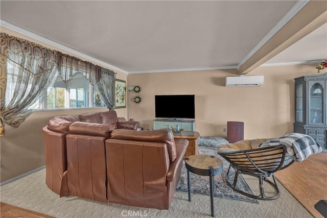 36227 Montezuma Valley Rd, Ranchita, CA 92066 - living area with an AC wall unit, ornamental molding, and wood finished floors