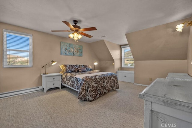 36227 Montezuma Valley Rd, Ranchita, CA 92066 - bedroom with a baseboard heating unit, carpet, lofted ceiling, and a ceiling fan