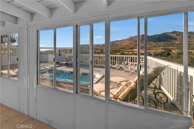 36227 Montezuma Valley Rd, Ranchita, CA 92066 - unfurnished sunroom featuring a mountain view and beam ceiling