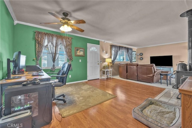 36227 Montezuma Valley Rd, Ranchita, CA 92066 - office featuring crown molding, ceiling fan, and wood finished floors