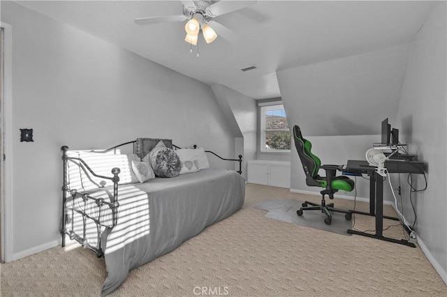 36227 Montezuma Valley Rd, Ranchita, CA 92066 - carpeted bedroom with an office area, vaulted ceiling, and ceiling fan