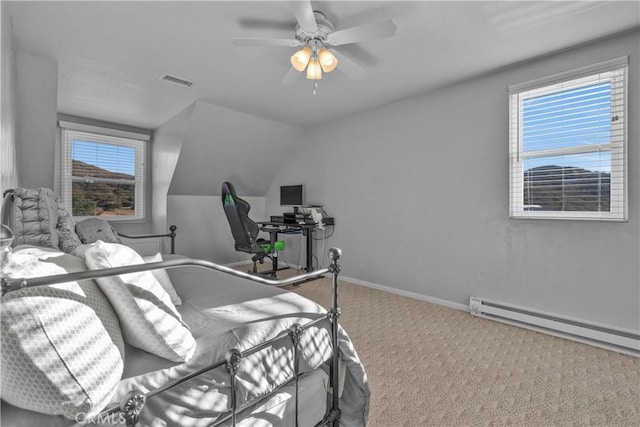 36227 Montezuma Valley Rd, Ranchita, CA 92066 - bedroom featuring carpet flooring, a baseboard heating unit, multiple windows, lofted ceiling, and a ceiling fan