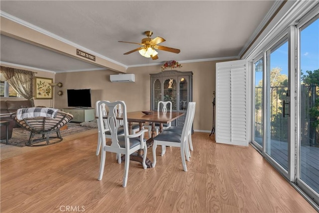 36227 Montezuma Valley Rd, Ranchita, CA 92066 - dining room with an AC wall unit, light wood-style floors, ceiling fan, and crown molding