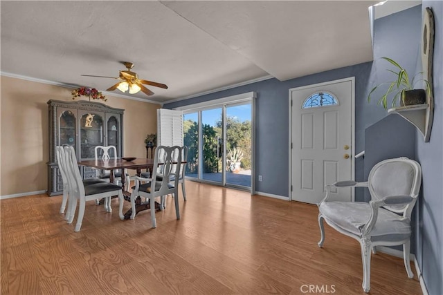 36227 Montezuma Valley Rd, Ranchita, CA 92066 - dining room with ceiling fan, light wood finished floors, and ornamental molding