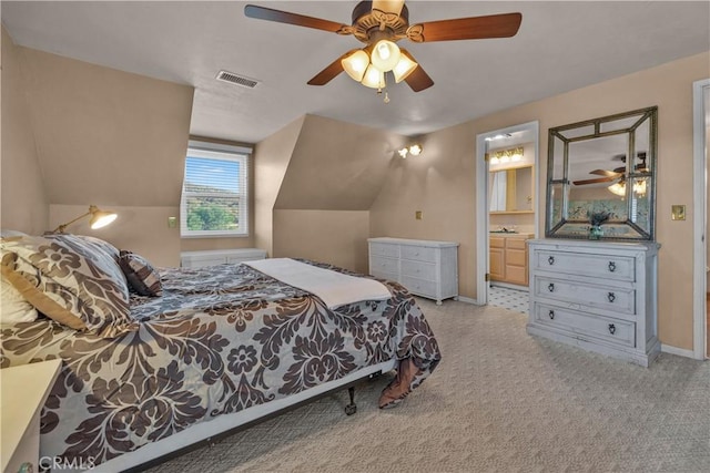 36227 Montezuma Valley Rd, Ranchita, CA 92066 - bedroom featuring light carpet, lofted ceiling, a ceiling fan, and ensuite bath