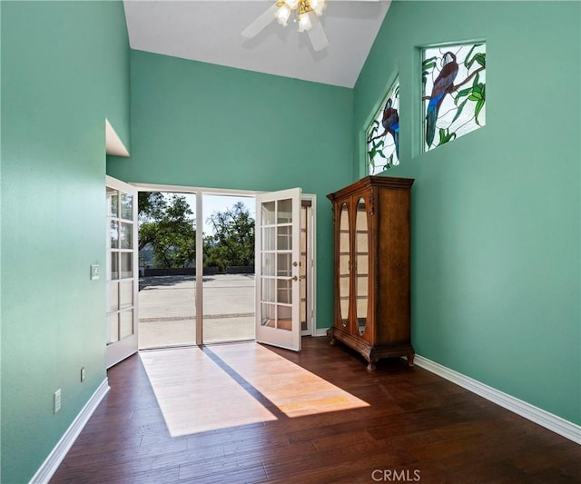 40620 Via Ranchitos, Fallbrook, CA 92028 - spare room featuring a high ceiling, french doors, healthy amount of natural light, hardwood / wood-style floors, and a ceiling fan