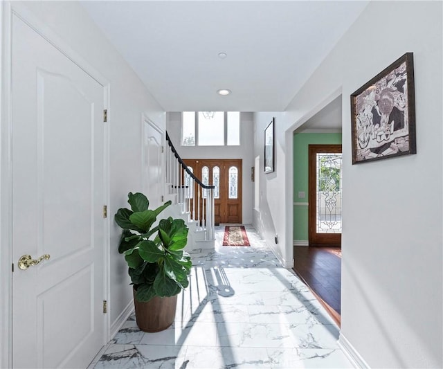 40620 Via Ranchitos, Fallbrook, CA 92028 - foyer featuring marble finish floors, recessed lighting, and stairs