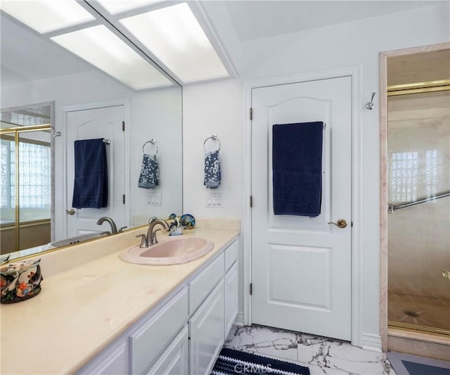40620 Via Ranchitos, Fallbrook, CA 92028 - bathroom with a shower stall, vanity, and marble look tiles
