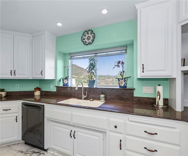 40620 Via Ranchitos, Fallbrook, CA 92028 - kitchen with black dishwasher, white cabinetry, dark stone countertops, and recessed lighting