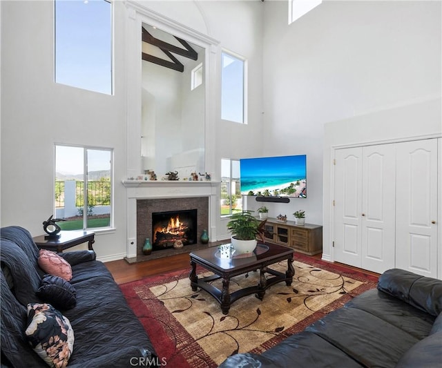 40620 Via Ranchitos, Fallbrook, CA 92028 - living area with a towering ceiling, wood finished floors, and a tiled fireplace