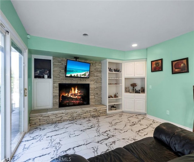 40620 Via Ranchitos, Fallbrook, CA 92028 - living area with light marble finish floors, a fireplace, and recessed lighting
