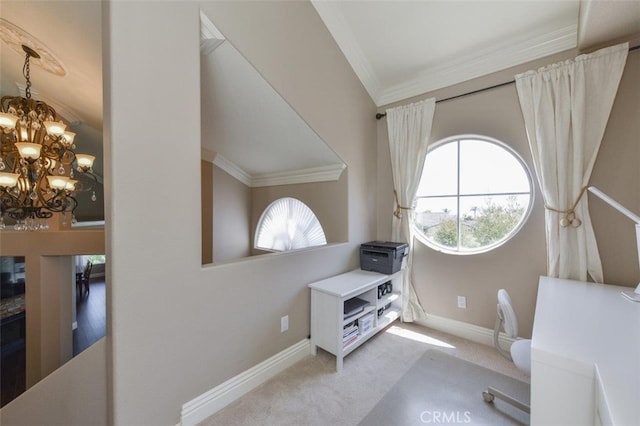 38 Toulon, Laguna Niguel, CA 92677 - home office with ornamental molding, a chandelier, and carpet flooring