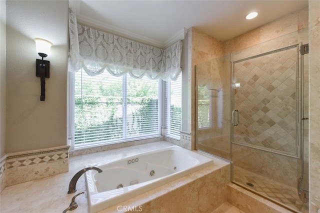 38 Toulon, Laguna Niguel, CA 92677 - bathroom featuring crown molding, a shower stall, and a tub with jets