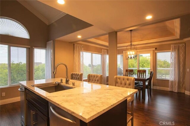 38 Toulon, Laguna Niguel, CA 92677 - kitchen with ornamental molding, plenty of natural light, dishwasher, a chandelier, and lofted ceiling