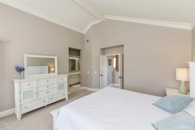38 Toulon, Laguna Niguel, CA 92677 - bedroom with beam ceiling, light colored carpet, connected bathroom, high vaulted ceiling, and crown molding