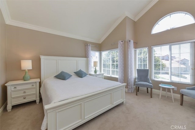 38 Toulon, Laguna Niguel, CA 92677 - bedroom with light carpet, crown molding, multiple windows, and high vaulted ceiling