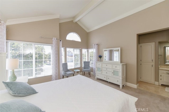38 Toulon, Laguna Niguel, CA 92677 - bedroom with light colored carpet, beam ceiling, high vaulted ceiling, and crown molding