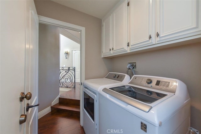 38 Toulon, Laguna Niguel, CA 92677 - laundry room featuring independent washer and dryer, dark wood-type flooring, and cabinet space
