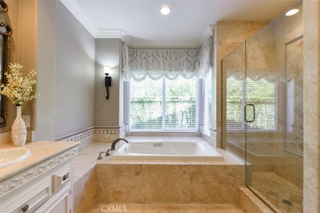 38 Toulon, Laguna Niguel, CA 92677 - full bath featuring crown molding, a garden tub, vanity, a stall shower, and recessed lighting