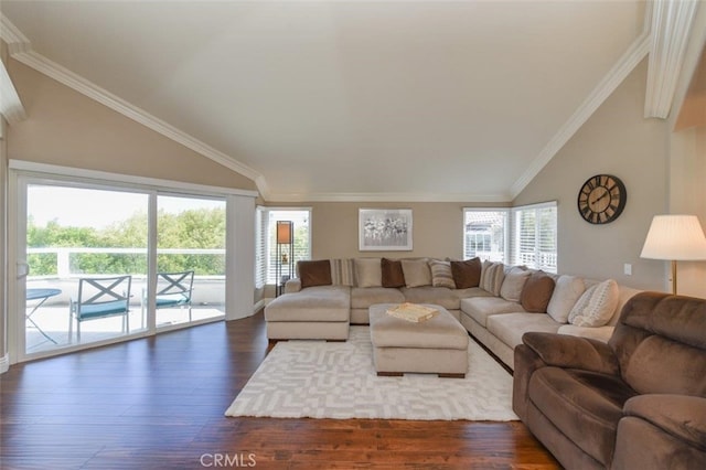 38 Toulon, Laguna Niguel, CA 92677 - living area with dark wood-type flooring, lofted ceiling, and ornamental molding