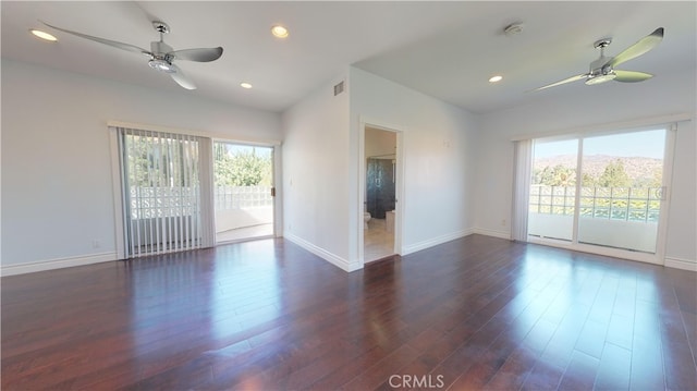 22500 N Summit Ridge Cir, Chatsworth, CA 91311 - unfurnished room with ceiling fan, plenty of natural light, dark wood-style floors, and recessed lighting