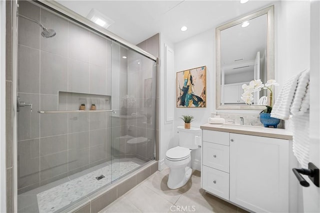 101 Lustro, Irvine, CA 92602 - bathroom featuring vanity, a stall shower, recessed lighting, and tile patterned floors