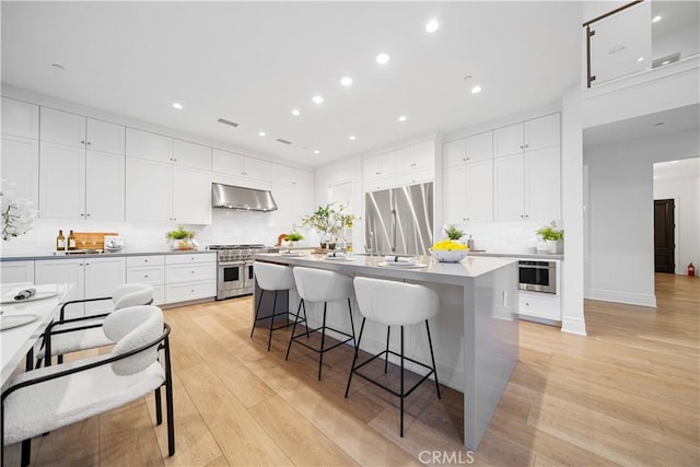 101 Lustro, Irvine, CA 92602 - kitchen with stainless steel appliances, ventilation hood, backsplash, a breakfast bar, and light wood finished floors