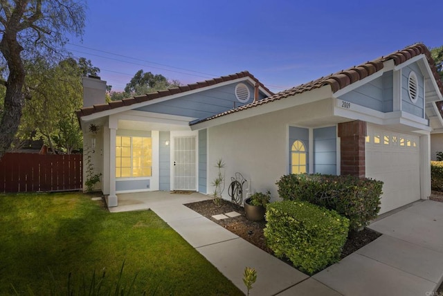 2009 Pointer Gln, Escondido, CA 92029 - view of front of home featuring a chimney, a garage, a tile roof, stucco siding, and concrete driveway