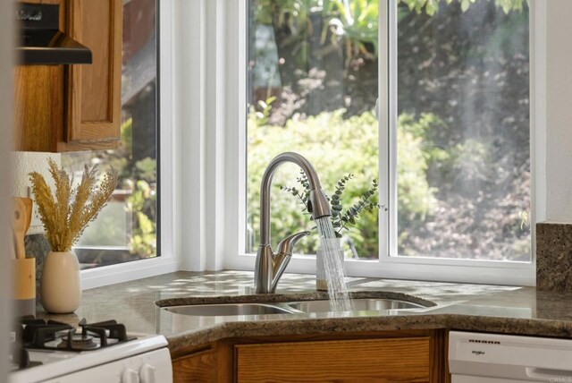 2009 Pointer Gln, Escondido, CA 92029 - kitchen with white dishwasher, brown cabinets, plenty of natural light, and dark stone countertops