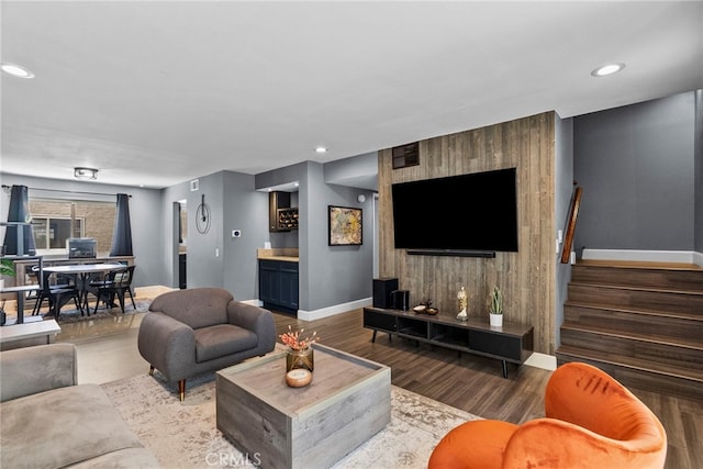 10155 De Soto Ave Unit 104, Chatsworth, CA 91311 - living area with wood finished floors, recessed lighting, and stairway