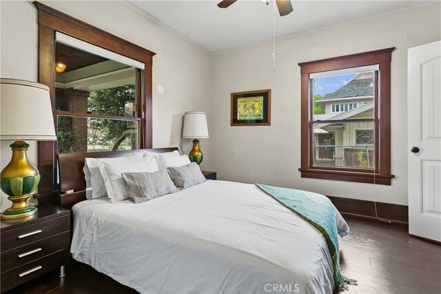 3354 Orange St, Riverside, CA 92501 - bedroom with multiple windows, ornamental molding, dark wood finished floors, and ceiling fan