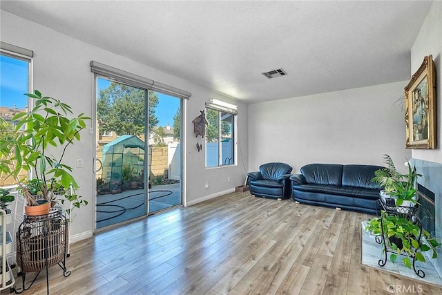 25401 Holly Beach Dr, Saugus, CA 91350 - living area featuring light wood-type flooring, a glass covered fireplace, and a textured ceiling
