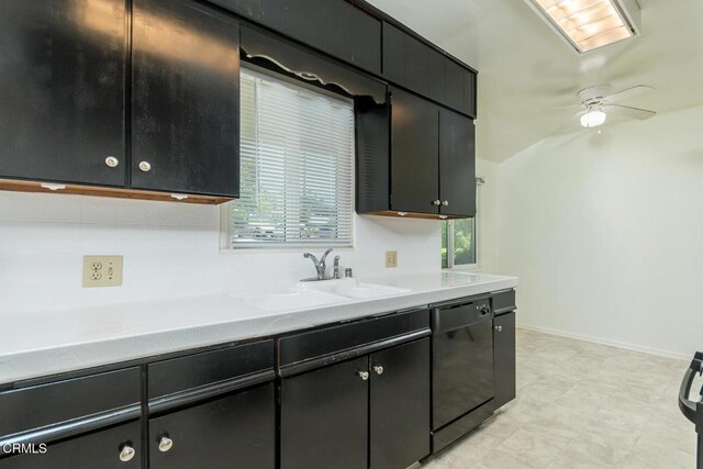 3910 Vista Ct, La Crescenta, CA 91214 - kitchen with dishwasher, dark cabinets, ceiling fan, and light floors