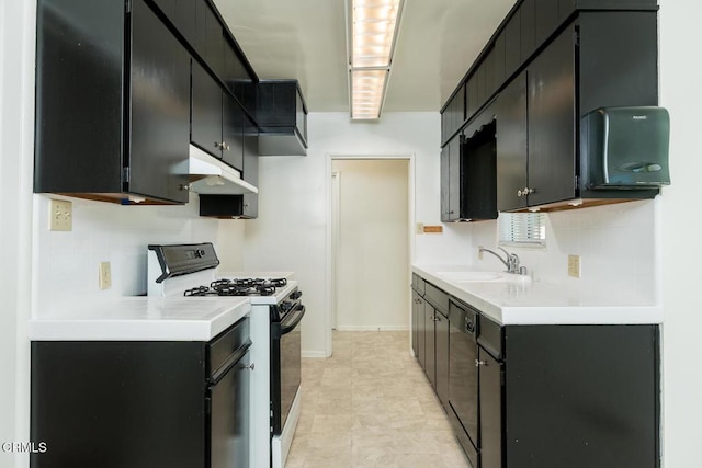 3910 Vista Ct, La Crescenta, CA 91214 - kitchen with black appliances, under cabinet range hood, dark cabinetry, and light countertops