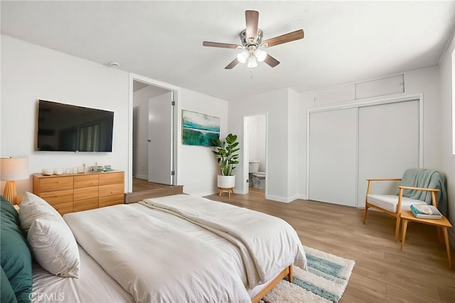 1410 Gulf Ave, Wilmington, CA 90744 - bedroom with light wood finished floors, a closet, ceiling fan, and ensuite bathroom