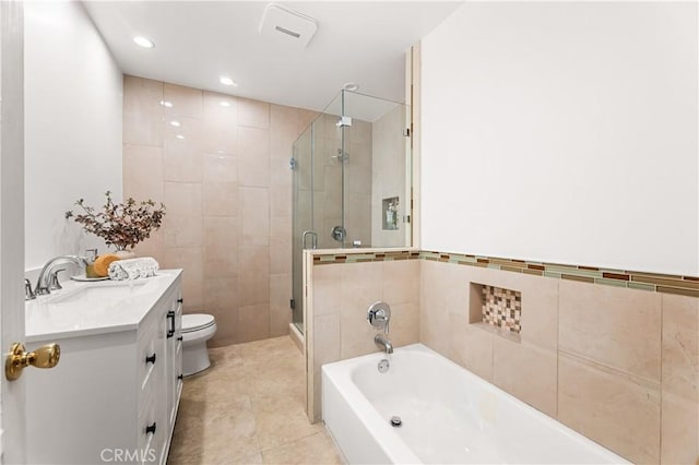7021 Shoshone Ave, Lake Balboa, CA 91406 - full bathroom featuring a bath, a shower stall, vanity, tile patterned flooring, and recessed lighting