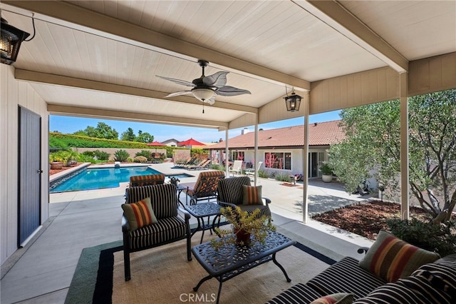 9430 Valley View St, Rancho Cucamonga, CA 91737 - view of patio featuring a ceiling fan and an outdoor pool