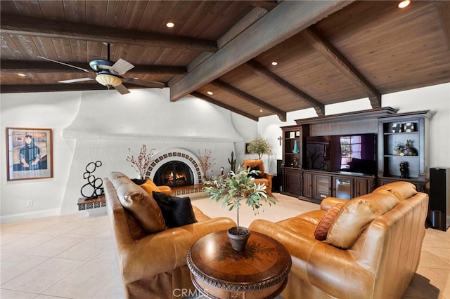 9430 Valley View St, Rancho Cucamonga, CA 91737 - living area with wooden ceiling, light tile patterned flooring, a ceiling fan, recessed lighting, and a brick fireplace