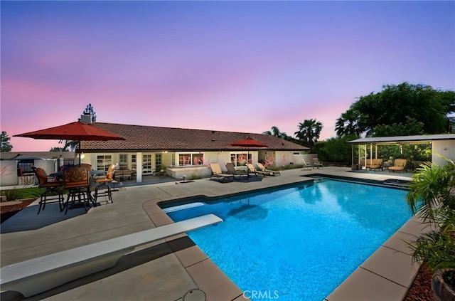 9430 Valley View St, Rancho Cucamonga, CA 91737 - outdoor pool with a patio area, a diving board, and outdoor dining area