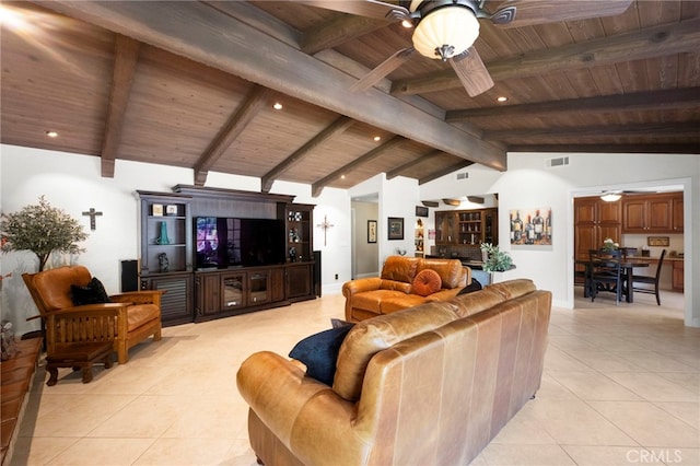 9430 Valley View St, Rancho Cucamonga, CA 91737 - living room featuring wooden ceiling, light tile patterned floors, a ceiling fan, and recessed lighting
