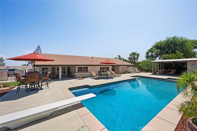9430 Valley View St, Rancho Cucamonga, CA 91737 - swimming pool with a patio area, a diving board, and outdoor dining space
