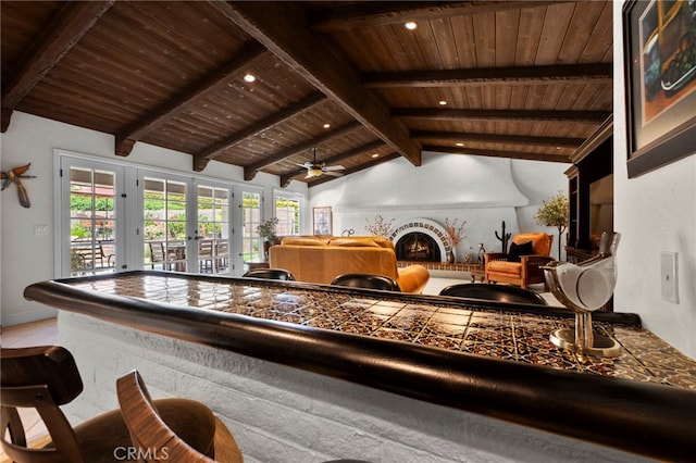 9430 Valley View St, Rancho Cucamonga, CA 91737 - interior space with a warm lit fireplace, wooden ceiling, french doors, ceiling fan, and recessed lighting