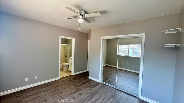 9206 Elizabeth Ave, South Gate, CA 90280 - unfurnished bedroom featuring wood finished floors, a closet, ensuite bath, and a ceiling fan
