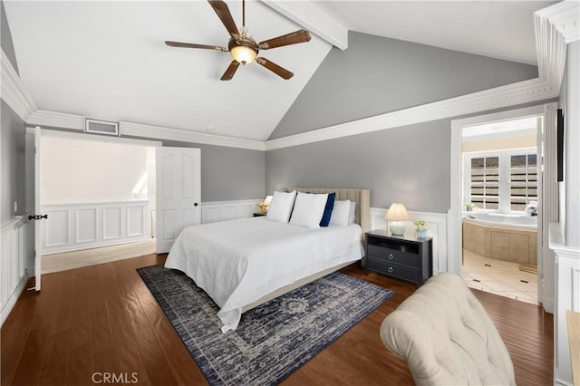 21210 Twin Oak, Yorba Linda, CA 92886 - bedroom with beamed ceiling, wainscoting, connected bathroom, wood finished floors, and ceiling fan