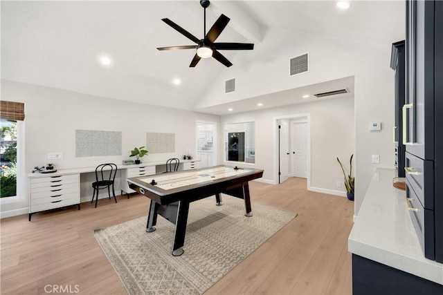 21210 Twin Oak, Yorba Linda, CA 92886 - playroom with beamed ceiling, recessed lighting, ceiling fan, light wood-style floors, and high vaulted ceiling