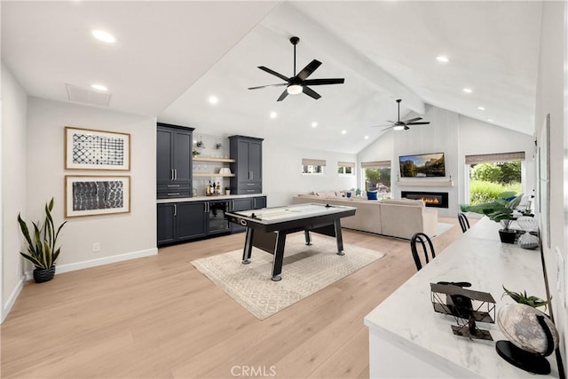 21210 Twin Oak, Yorba Linda, CA 92886 - game room with light wood-style flooring, a ceiling fan, a fireplace, recessed lighting, and bar